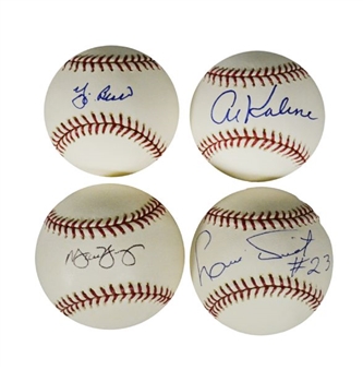 Lot of Four (4) Signed Baseballs: Al Kaline, Yogi Berra, Luis Tiant, and Michael Young 